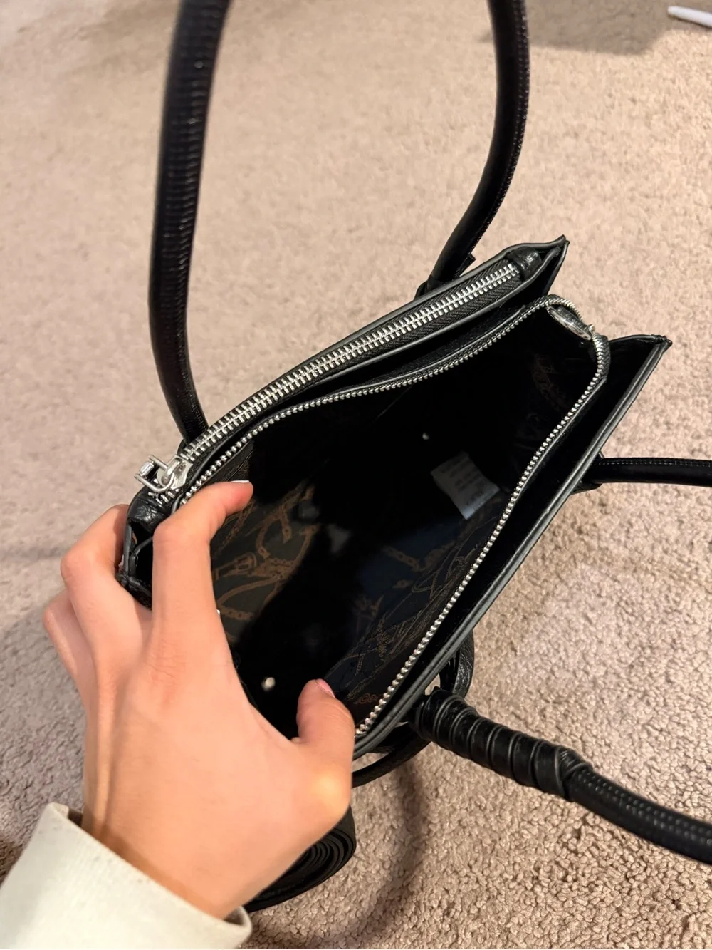 Black Structured Tote Handbag with Top Handles